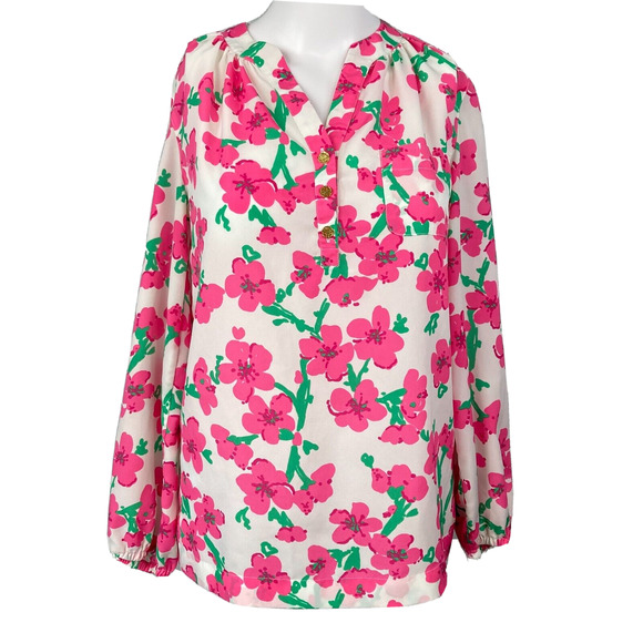 Lilly Pulitzer Tops - Lilly Pulitzer Shirt Women Sz XS White Pink Green Floral Gold Button Popover Top